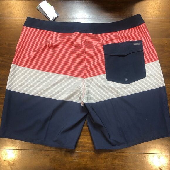 QUICKSILVER Swim Trunks Board Shorts Navy Grey Red Color Block Pattern Sz 40 NWT - Picture 2 of 6